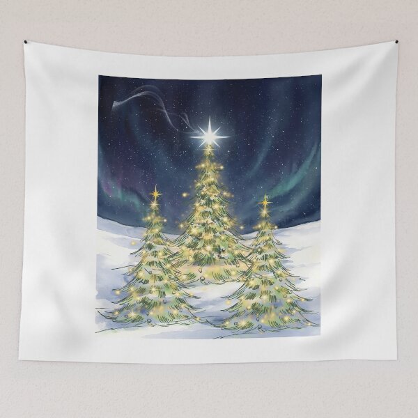Item preview, Watercolor Christmas Trees Under Northern Lights & Bethlehem Star Landscape designed and sold by VibranPalette.