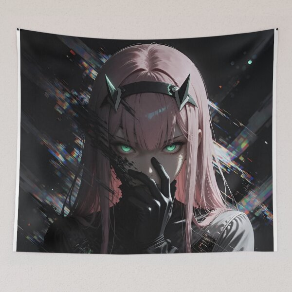 Item preview, Zero Two Cyberpunk Anime Girl Pink Hair Green Eyes Dark Glitch Art designed and sold by Dyan4.