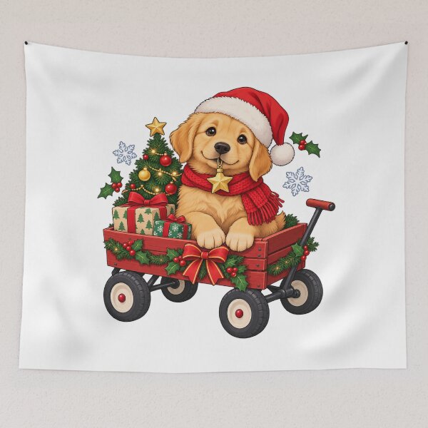 Aperçu de l'œuvre Golden Retriever Puppy in a Christmas Gift Wagon créée et vendue par skyartdesign.