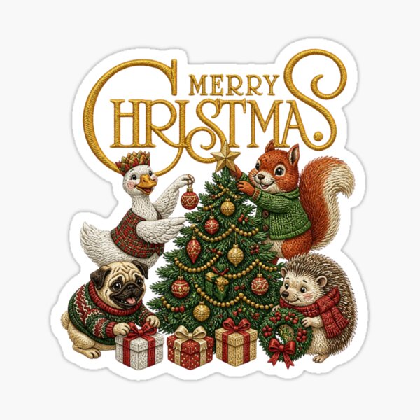 Item preview, Cute Christmas Animals Around Tree Retro Holiday Merch Design designed and sold by SilverSeaBKK.