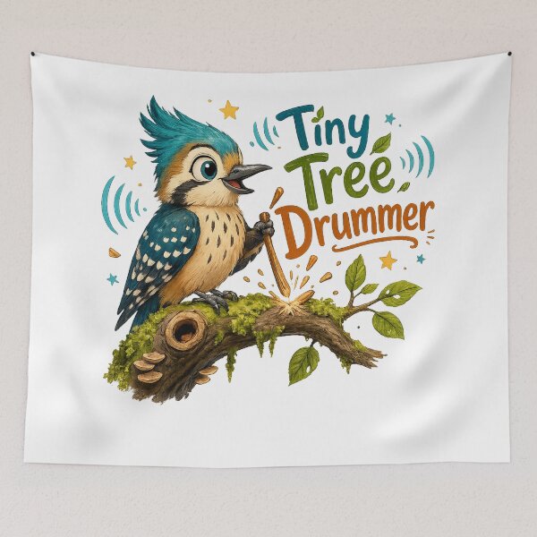 Item preview, Tiny Tree Drummer Cute Blue Crested Bird Woodland Music Design designed and sold by inkoutninja.