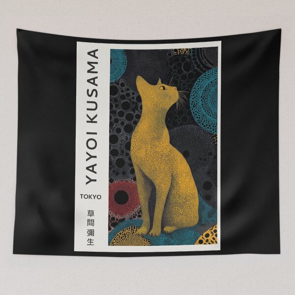Item preview, Yayoi Kusama Yellow Cat Poster "Golden Starlight" Polka Dot Japanese Canvas Print Modern Art Wall Decor designed and sold by MagicatcoArt.