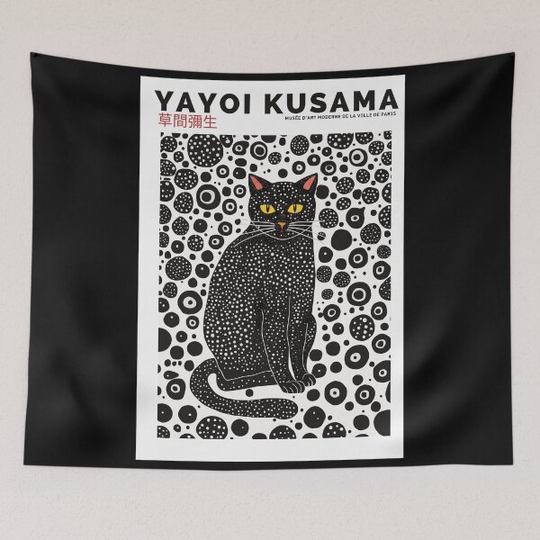 Item preview, Museum Exhibition Wall Picture "Midnight Feline" Yayoi Kusama Paris Modern Style Dotted Black Cat Frameable Paper Art designed and sold by MagicatcoArt.