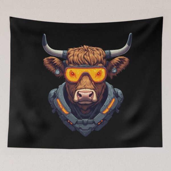 Item preview, Cyberpunk Mecha Highland Cow Neon Orange Gamer Poster designed and sold by Cyber Gold Studio.
