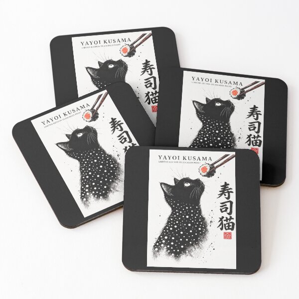 Item preview, apanese Kitchen Wall Graphics "Sushi Craving" Black Cat Chopsticks Roll Artwork Yayoi Kusama Ink Wash Style Dining Room Poster designed and sold by MagicatcoArt.