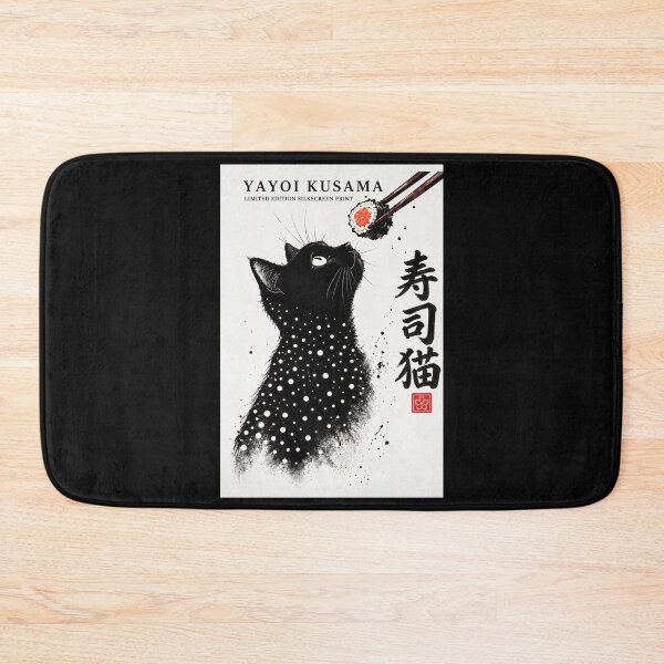 Item preview, apanese Kitchen Wall Graphics "Sushi Craving" Black Cat Chopsticks Roll Artwork Yayoi Kusama Ink Wash Style Dining Room Poster designed and sold by MagicatcoArt.