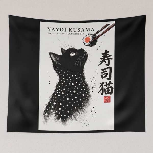 Item preview, apanese Kitchen Wall Graphics "Sushi Craving" Black Cat Chopsticks Roll Artwork Yayoi Kusama Ink Wash Style Dining Room Poster designed and sold by MagicatcoArt.