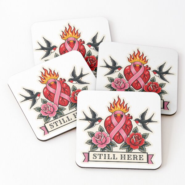 Item preview, Still Here Pink Ribbon Sacred Heart Tattoo Flash designed and sold by RobinHoodShirts.