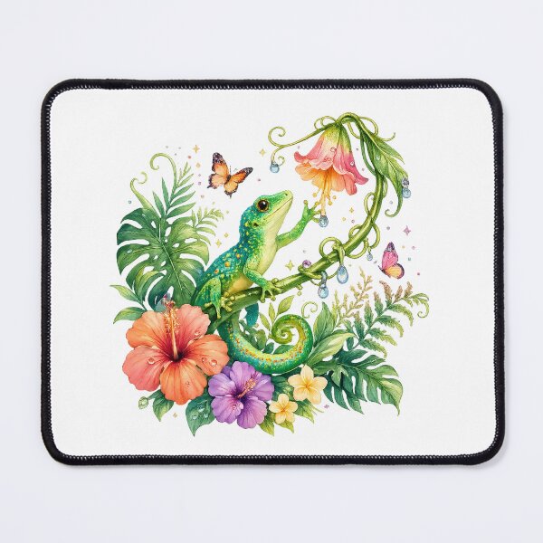 Item preview, Tropical Lizard Watercolor Hibiscus Butterfly Botanical Jungle Illustration designed and sold by inkoutninja.