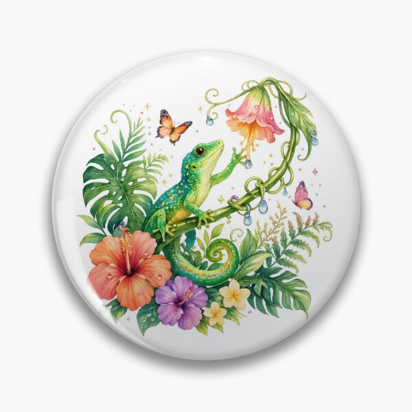 Item preview, Tropical Lizard Watercolor Hibiscus Butterfly Botanical Jungle Illustration designed and sold by inkoutninja.