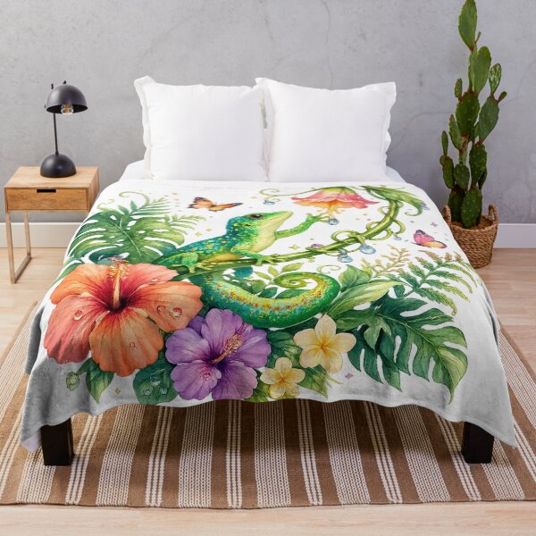 Item preview, Tropical Lizard Watercolor Hibiscus Butterfly Botanical Jungle Illustration designed and sold by inkoutninja.