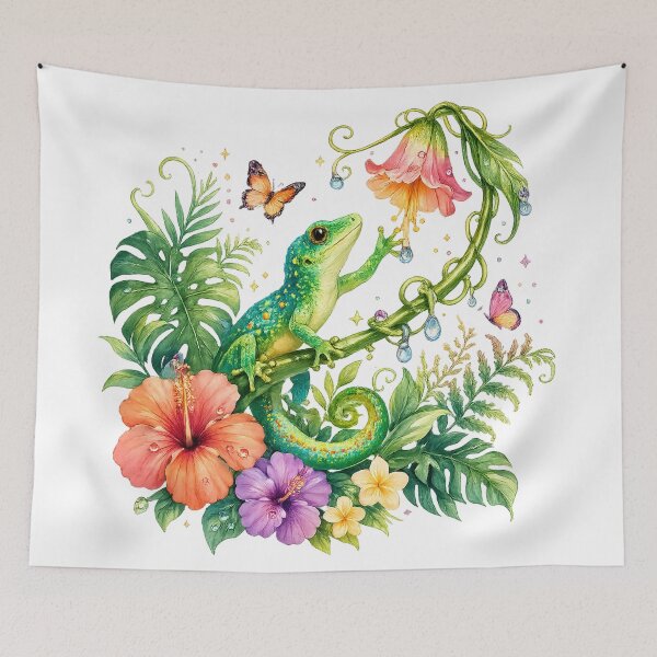 Item preview, Tropical Lizard Watercolor Hibiscus Butterfly Botanical Jungle Illustration designed and sold by inkoutninja.