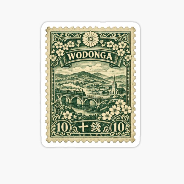 Item preview, Ilustración de sello antiguo de Wodonga | Arte postal australiano retro | Diseño clásico de viajes regionales designed and sold by PaintedPixels01.