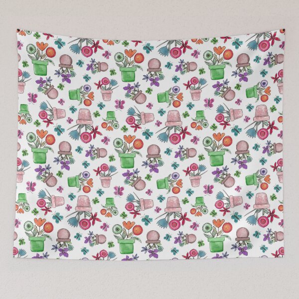 Item preview, Naïve Watercolor Flower Planters & Butterflies Pattern designed and sold by Orly Fuchs Galchen.