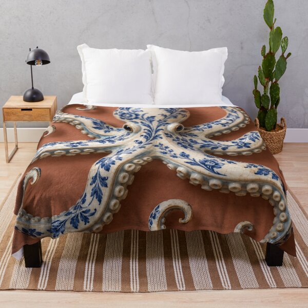 Item preview, Blue Floral Porcelain Octopus – Delft-Inspired Ocean Art designed and sold by Kaleidoscope Print.
