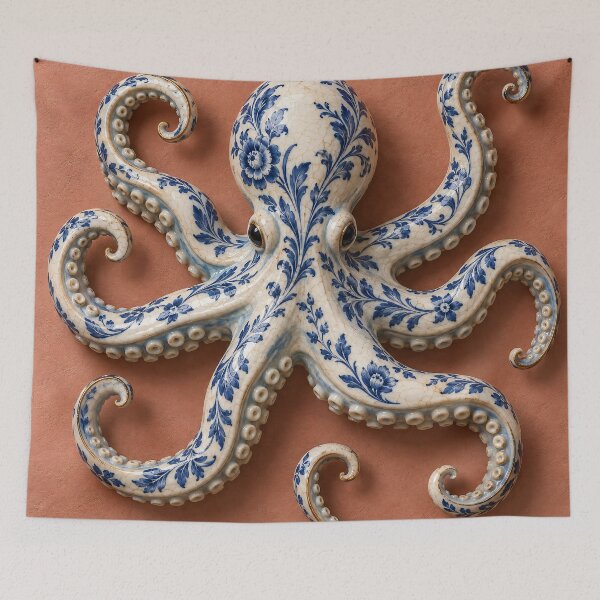 Item preview, Blue Floral Porcelain Octopus – Delft-Inspired Ocean Art designed and sold by Kaleidoscope Print.