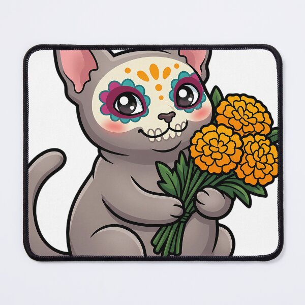 Item preview, Cute Sugar Skull Sphynx Cat Holding a Marigold Bouquet designed and sold by pumsquare.