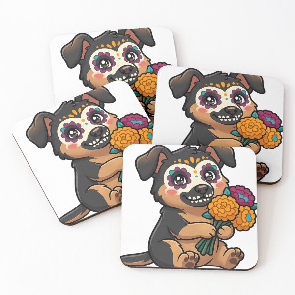 Item preview, Cute Sugar Skull German Shepherd Puppy Holding a Marigold Bouquet designed and sold by pumsquare.