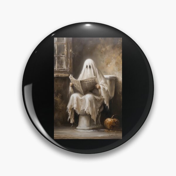 Item preview, Ghost Reading Newspaper on Toilet Poster, Funny Halloween Bathroom Wall Art, Vintage Spooky Oil Painting Print, Gothic Ghost Pumpkin Decor designed and sold by blackpresley.