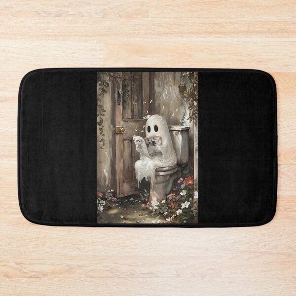 Item preview, Ghost Reading Newspaper on Toilet Poster, Cute Halloween Bathroom Wall Art, Vintage Cottagecore Spooky Decor, Floral Rustic Ghost Painting Print designed and sold by zoes-cott.