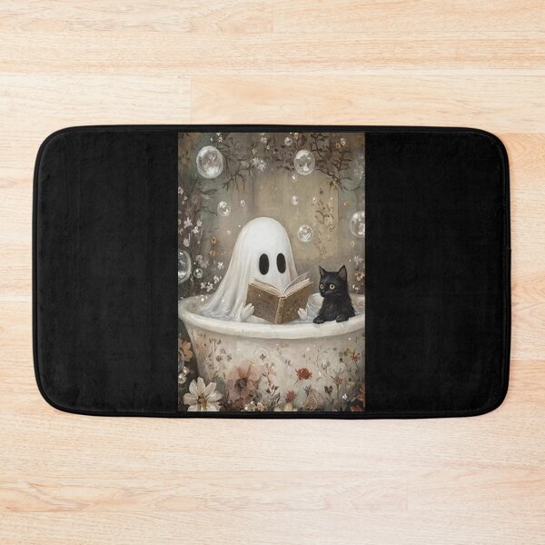 Item preview, Ghost Reading Book in Bathtub Poster, Cute Halloween Bathroom Wall Art, Vintage Cottagecore Spooky Decor, Black Cat Floral Bubbles Ghost Print designed and sold by zoes-cott.