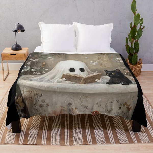 Item preview, Ghost Reading Book in Bathtub Poster, Cute Halloween Bathroom Wall Art, Vintage Cottagecore Spooky Decor, Black Cat Floral Bubbles Ghost Print designed and sold by zoes-cott.
