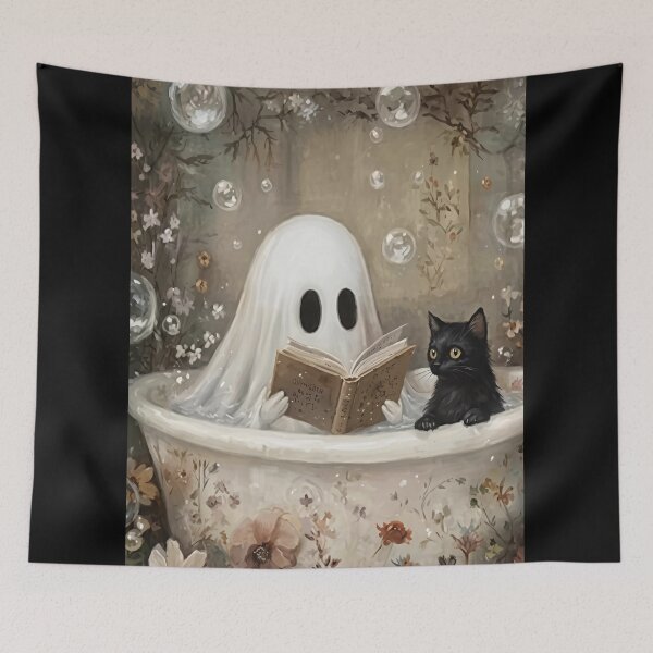 Item preview, Ghost Reading Book in Bathtub Poster, Cute Halloween Bathroom Wall Art, Vintage Cottagecore Spooky Decor, Black Cat Floral Bubbles Ghost Print designed and sold by zoes-cott.