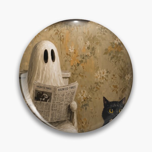 Item preview, Ghost and Black Cat Reading Newspaper Poster, Funny Halloween Bathroom Wall Art, Vintage Spooky Decor, Gothic Floral Wallpaper Ghost Print designed and sold by CanvasFuse.
