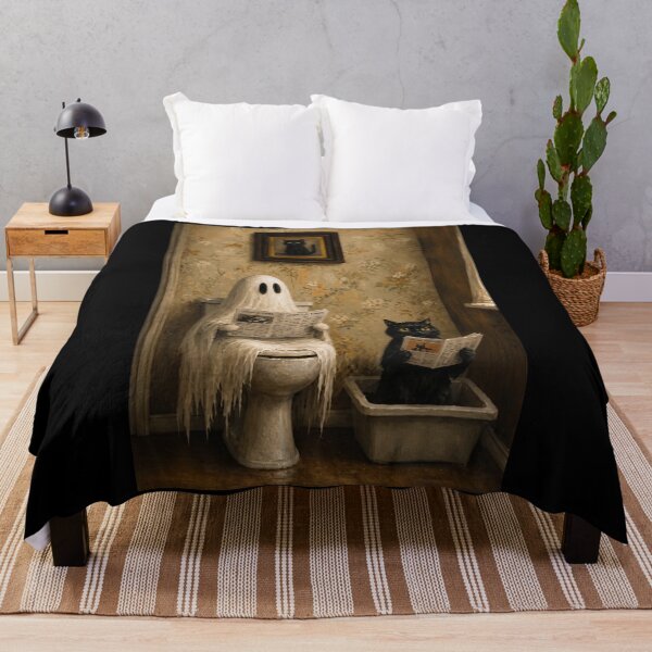 Item preview, Ghost and Black Cat Reading Newspaper Poster, Funny Halloween Bathroom Wall Art, Vintage Spooky Decor, Gothic Floral Wallpaper Ghost Print designed and sold by CanvasFuse.