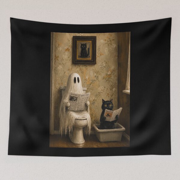 Item preview, Ghost and Black Cat Reading Newspaper Poster, Funny Halloween Bathroom Wall Art, Vintage Spooky Decor, Gothic Floral Wallpaper Ghost Print designed and sold by CanvasFuse.