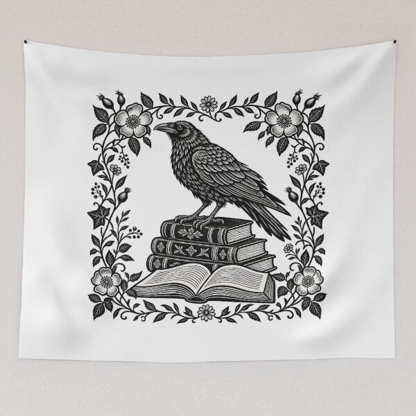 Item preview, Bookish Raven Linocut Style, Dark Academia Book Lover, Gothic Reading Raven, Vintage Block Print Aesthetic, Dark Cottagecore, Bookworm Gift designed and sold by Cchotlan.