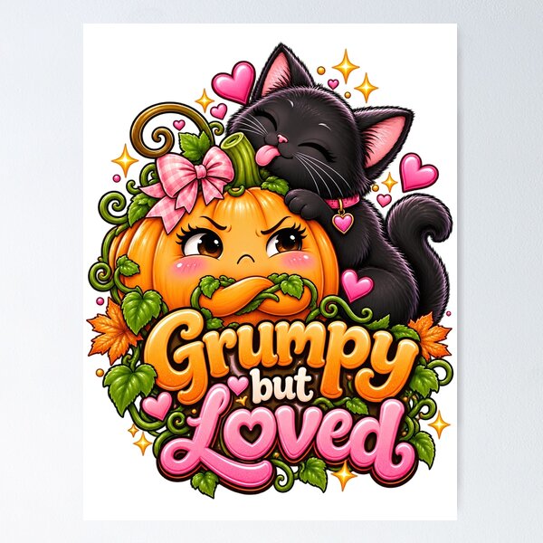 Item preview, Grumpy but Loved Cute Pumpkin and Black Cat – Funny Halloween Kawaii Fall Design designed and sold by AsolsArts.