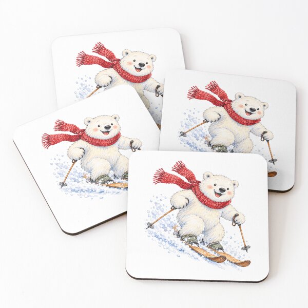 Item preview, Watercolor Polar Bear Skiing in Red Scarf designed and sold by Watercolorsart.