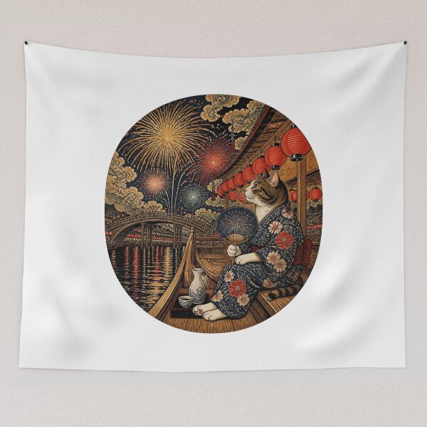 Item preview, Fireworks Boat Cat | Ukiyo-e Cat | Japanese Design designed and sold by JapanMemoir.