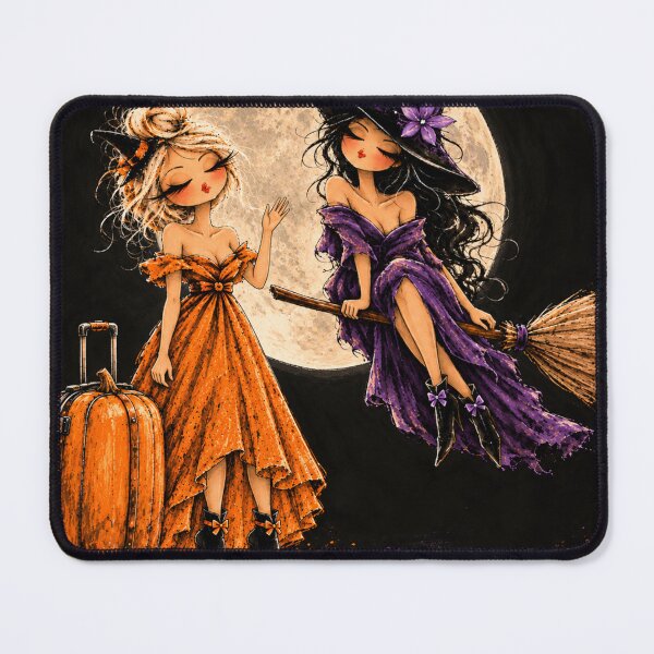 Item preview, Midnight Pickup – Two Witches, Pumpkin Suitcase and Broom Halloween Art designed and sold by byMosia.