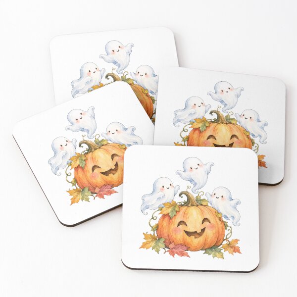 Item preview, Watercolor Halloween Smiling Pumpkin with Friendly Ghosts designed and sold by Watercolorsart.