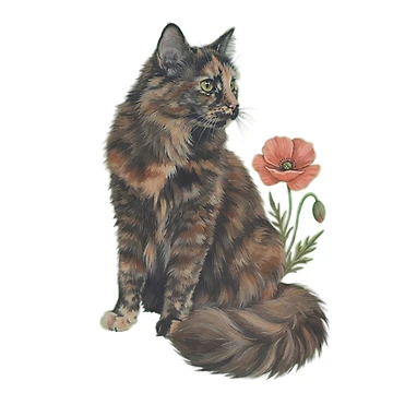 Vorschaubild zum Design Tortoiseshell Cat with Poppy Flower Vintage Botanical Art von Figo & Fern Studio