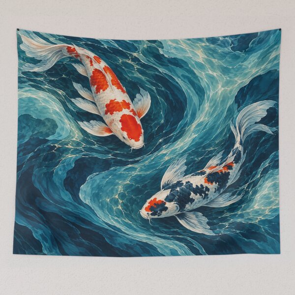 Item preview, Koi Fish in Swirling Water – Blue Teal Japanese Carp Bathroom Art designed and sold by astersgraphics.