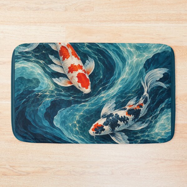 Item preview, Koi Fish in Swirling Water – Blue Teal Japanese Carp Bathroom Art designed and sold by astersgraphics.