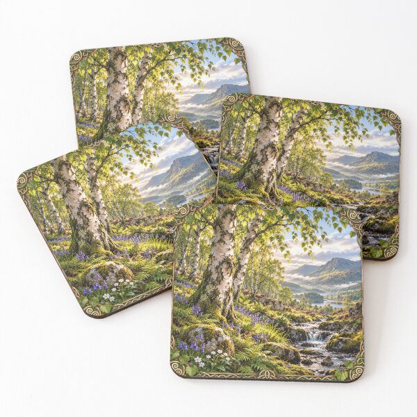 Item preview, Celtic Birch Valley at Golden Dawn – Sacred Tree & Mystical Landscape Art designed and sold by thewandswant.