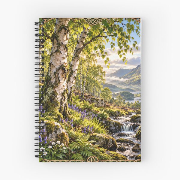 Aperçu de l'œuvre Vallée des bouleaux celtiques à l'aube dorée – Art de l'arbre sacré et du paysage mystique créée et vendue par thewandswant.