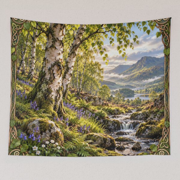 Item preview, Celtic Birch Valley at Golden Dawn – Sacred Tree & Mystical Landscape Art designed and sold by thewandswant.