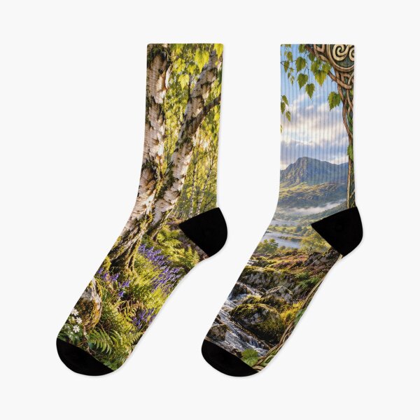 Item preview, Celtic Birch Valley at Golden Dawn – Sacred Tree & Mystical Landscape Art designed and sold by thewandswant.