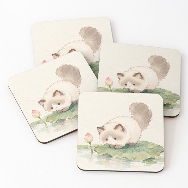 Item preview, Kawaii Ragdoll Cat on a Lotus Leaf Beside a Pink Lotus Bud designed and sold by AshiraCreations.