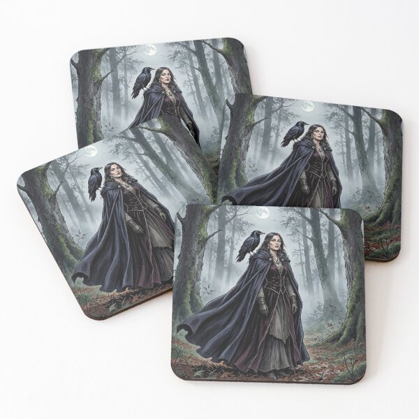 Item preview, Witch with Raven Familiar, Gothic Moonlit Forest Art designed and sold by Roberta Calabrese.