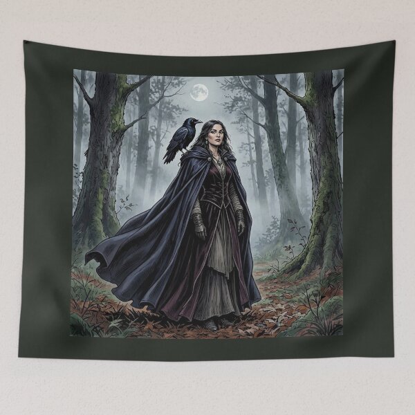 Item preview, Witch with Raven Familiar, Gothic Moonlit Forest Art designed and sold by Roberta Calabrese.
