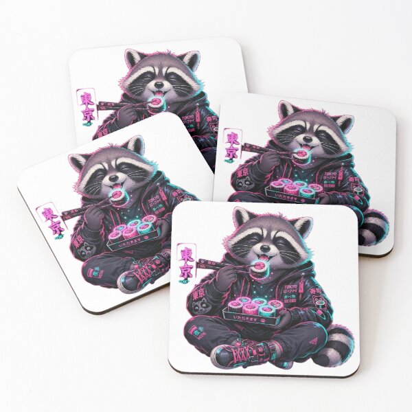 Item preview, Neon Tokyo Raccoon Eating Sushi - Cute Cyberpunk Anime Style designed and sold by GGDesigns1.