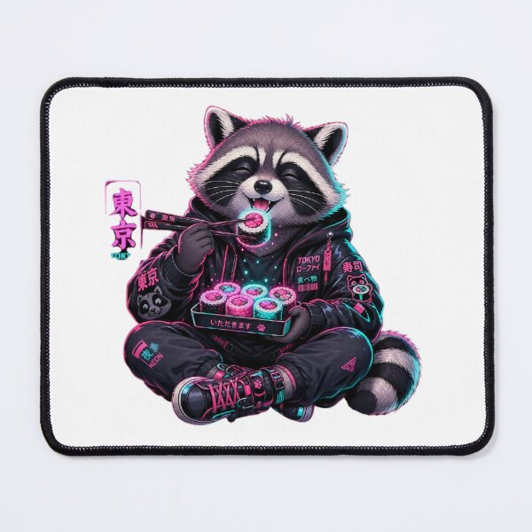 Item preview, Neon Tokyo Raccoon Eating Sushi - Cute Cyberpunk Anime Style designed and sold by GGDesigns1.
