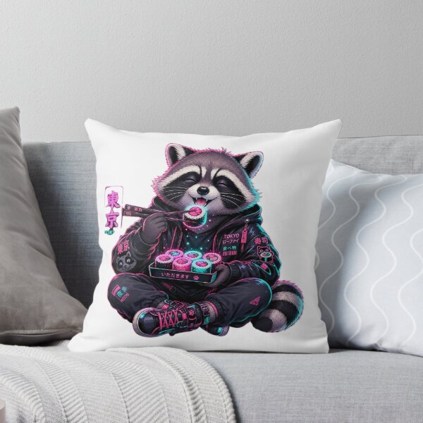 Item preview, Neon Tokyo Raccoon Eating Sushi - Cute Cyberpunk Anime Style designed and sold by GGDesigns1.