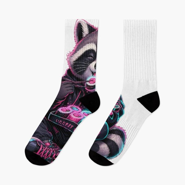 Artikelvorschau, Neonfarbener Waschbär aus Tokio isst Sushi – Niedlicher Cyberpunk-Anime-Stil entworfen und verkauft von GGDesigns1.